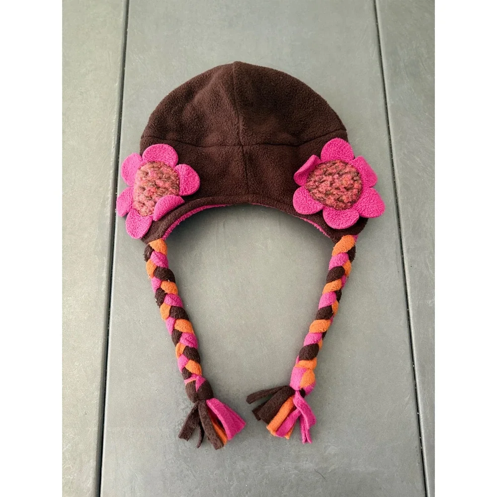 Tuff Cookie Girls Fleece Trapper Hat Brown Pink Orange Floral Braids Size L
